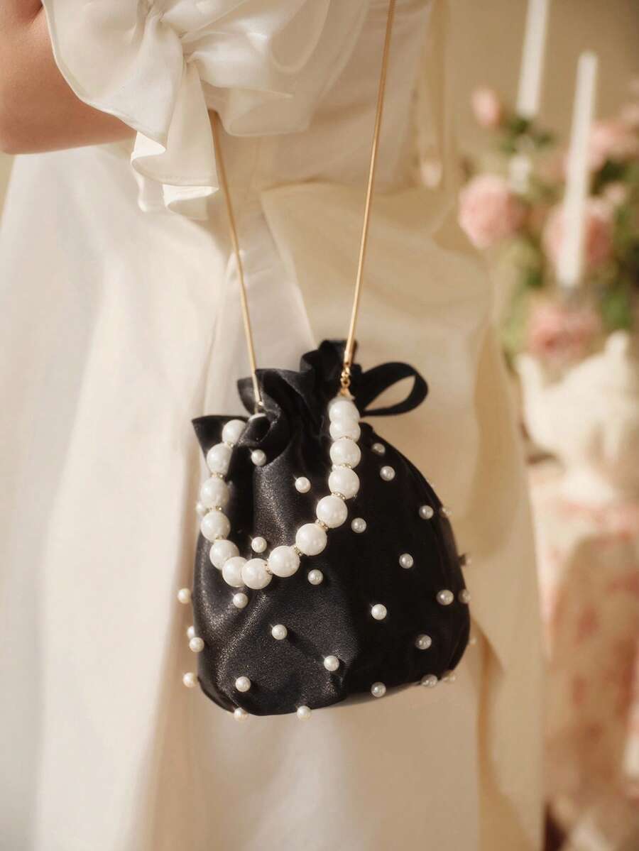 SHEIN MOD Mini Faux Pearl & Rhinestone Decor Bucket Bag Fashion Luxury Chic Mini Pearl Handle Bucket Shape Shoulder Bag Pearl Beaded Evening Handbag Custom Logo Purse - Black - View 1