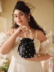 SHEIN MOD Mini Faux Pearl & Rhinestone Decor Bucket Bag Fashion Luxury Chic Mini Pearl Handle Bucket Shape Shoulder Bag Pearl Beaded Evening Handbag Custom Logo Purse - Black - View 2