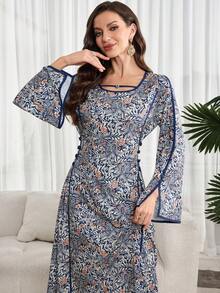 Al Najma Women's Round Neck Flare Sleeve All-Over Print Waist Cinched Elegant Arabic Style Dress - Brown - View 5