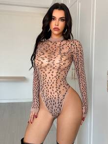 ¡Vida nocturna feroz! Mono de manga larga con estampado de leopardo ChaseTheNight, material transparente combinado con elementos de leopardo, adecuado para celebraciones de fiestas temáticas - Albaricoque - Ver 3