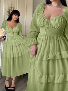 Lyrianda 新款优雅雪纺纹理波点蝴蝶结装饰胸罩杯长袖A字连衣裙，收腰显瘦荷叶边连衣裙 - 橄欖綠 - 查看 1