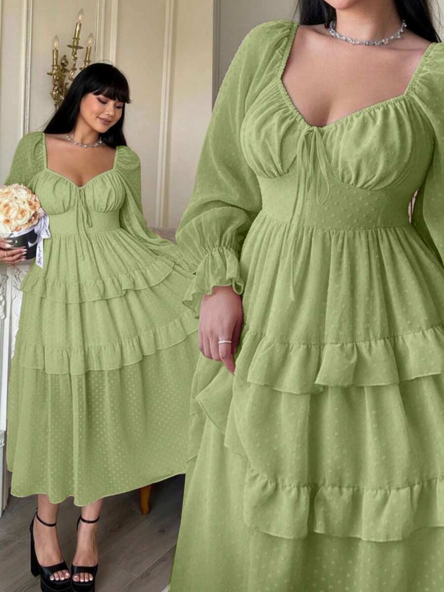 Lyrianda 新款优雅雪纺纹理波点蝴蝶结装饰胸罩杯长袖A字连衣裙，收腰显瘦荷叶边连衣裙 - 橄欖綠 - 查看 1