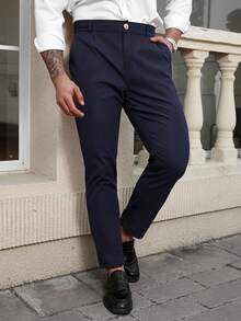 Manfinity Mode 加大码男士休闲口袋纽扣办公通勤西裤男士正装裤男士修身弹力裤男士长裤男士藏蓝色裤子 - 藏蓝色 - 查看 6