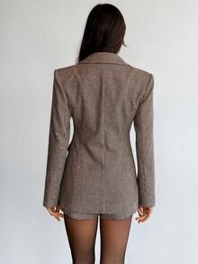 SHEIN Tall Women's Retro Chic Commuter Brown Plaid Wool Suit Set, Includes Fitted Blazer Jacket + Low-Waist Shorts (With Shoulder Pads), 2pcs In Fall/Winter - Brown - View 2