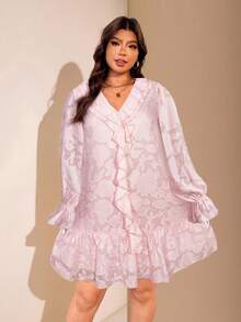 Enliva 大码女式长袖宽松连衣裙，激光切割面料细节，适合苹果型圆臀身材 - 粉色 - 查看 6