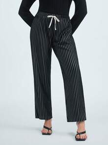 2件套女士夏季休闲褶皱竖条纹冰丝针织睡衣舒适裤，春夏秋季，秋冬服装