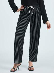 2件套女士夏季休闲褶皱竖条纹冰丝针织睡衣舒适裤，春夏秋季，秋冬服装