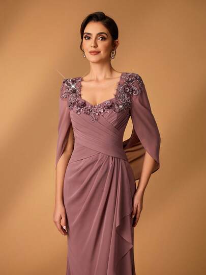 Serin Women's Elegant Gray-Pink Chiffon Fabric Sheer Long Sleeve Ruched Sequin Applique Mermaid Hem Dress, Suitable For Mother Of The Bride Wedding, Formal Events, Parties, Mother Of The Bride Evening Gown