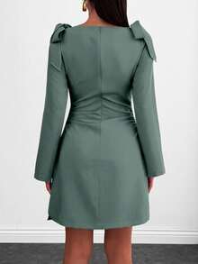 EURMUSE Women, Autumn, Short Dress, Tie Shoulder, Zipper, Flare Sleeve, - Mint Green - View 2