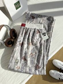 Comfortcana Quần dài cạp cao họa tiết lá mùa thu cổ điển cỡ lớn, phù hợp cho mùa xuân và mùa thu - Xám - Xem 3