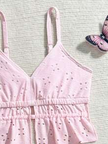 女童纯色镂空吊带泳衣 - 粉色 - 查看 7