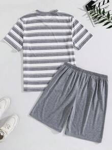 SHEIN 2 pièces/Set Top à manches courtes rayé et short ample décontracté pour garçons adolescents, pyjamas/tenue de détente d'été, confortable, pratique, polyvalent, tissu doux