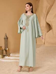 SHEIN Najma Vestido largo de mujer de manga larga con decoración de encaje elegante y romántico - verde menta - Ver 3