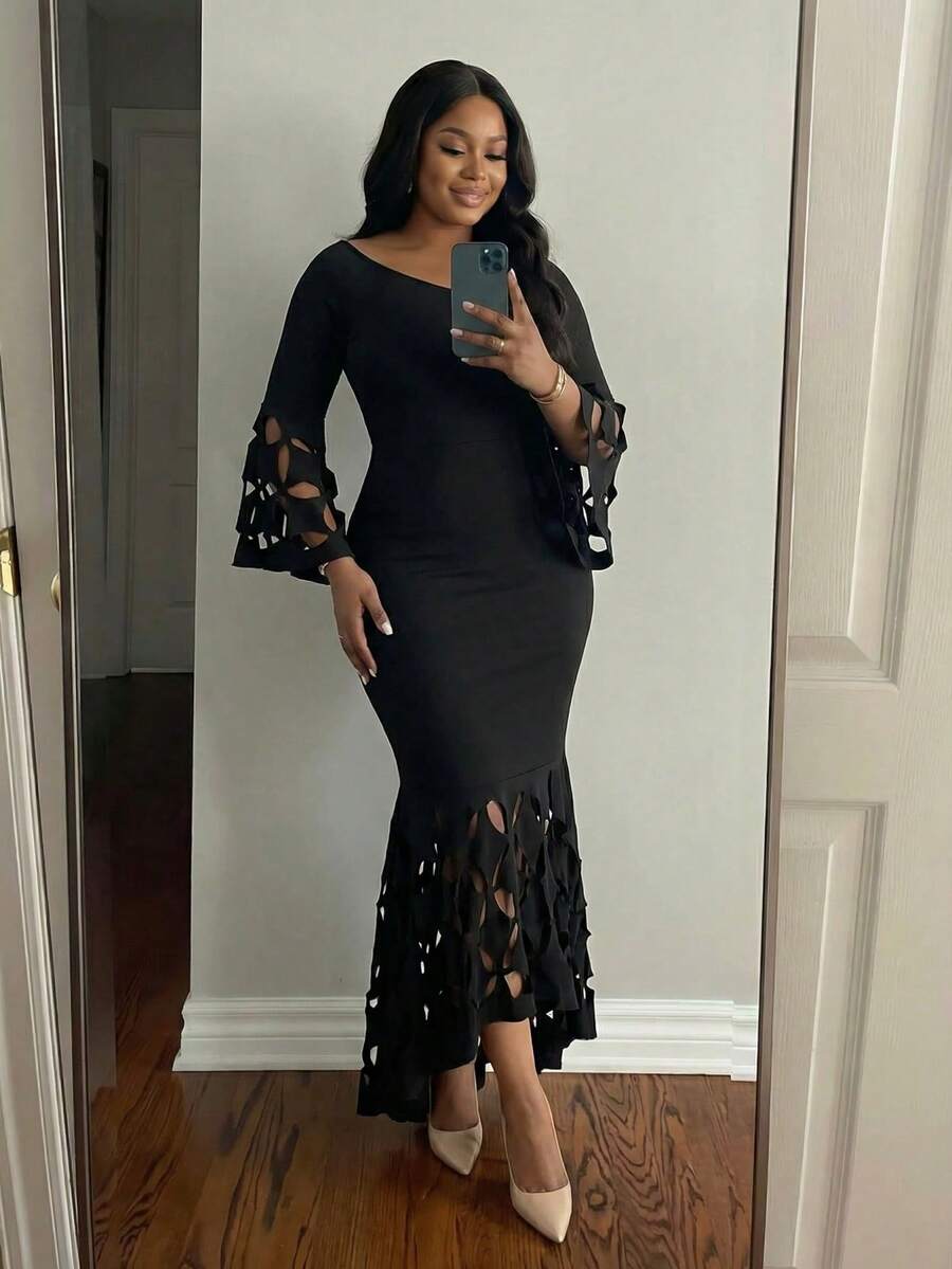 SHEIN Lady Women's Solid Color Hollow-Out Patchwork Long Sleeve Slim Fit Dress Plus Size Dresses