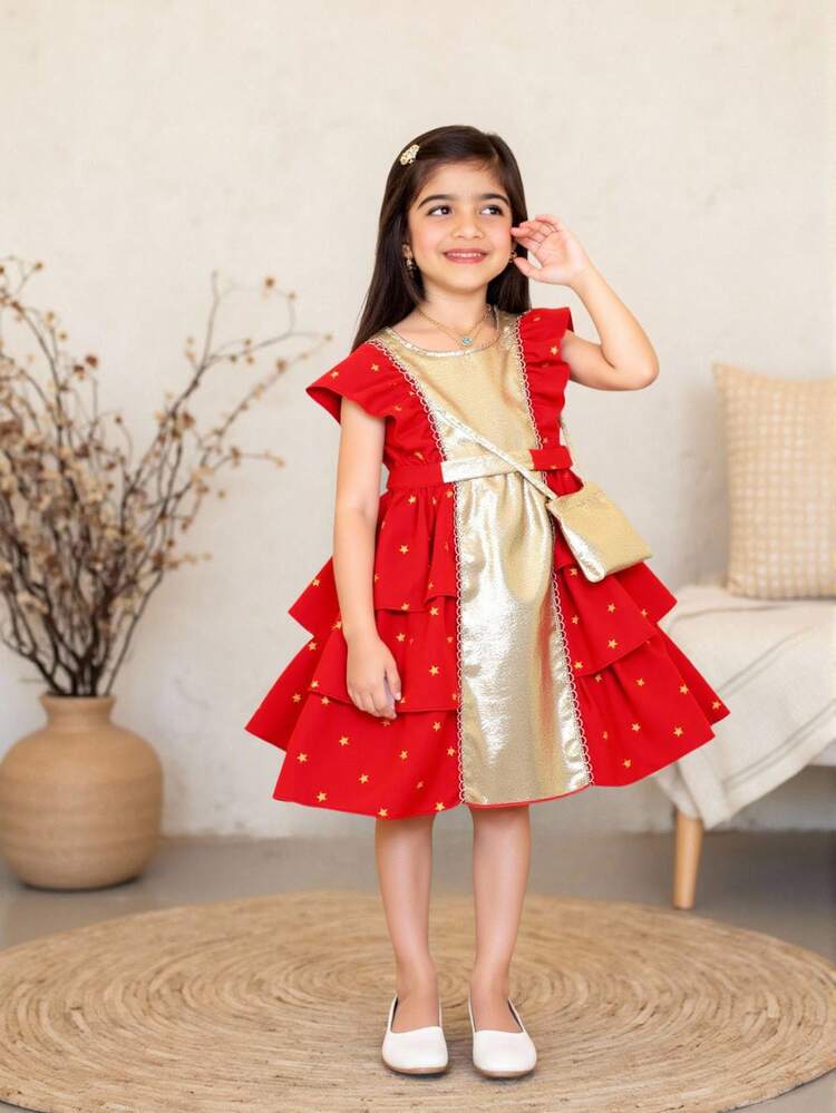 رمضان فستان بأكمام قصيرة مطبوع بنجوم ذو ألوان متباينة للفتيات الصغيرات - الأحمر - مشاهدة 1