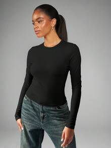 MISSGUIDED Camiseta de cuello redondo de manga larga, ajustada, prenda básica y esencial para capas, uso casual y diario - Negro - Ver 3