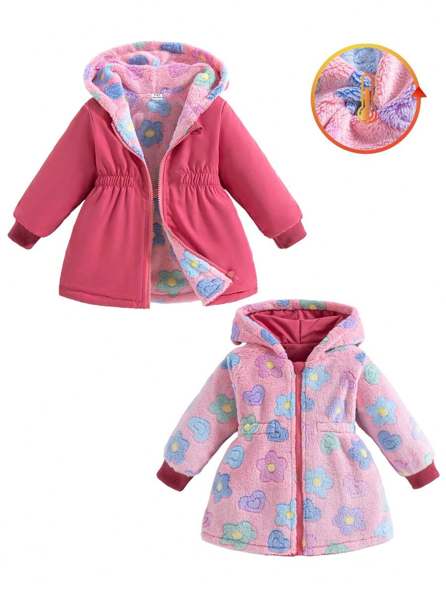 SHEIN Playful Pals 1 Áo khoác mùa đông mới cho bé gái, lót vải giữ nhiệt màu anh đào, dày, giản dị, trễ vai, tay dài, eo chun, khóa kéo, áo khoác cardigan có mũ trùm đầu, đa năng, ấm áp - Hồng - Xem 1