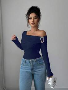 SHEIN Elenzya 女款優雅海軍藍金色金屬鈕扣露肩套頭衫，秋季新款百搭通勤風夜店休閒T恤 - 藏蓝色 - 查看 3