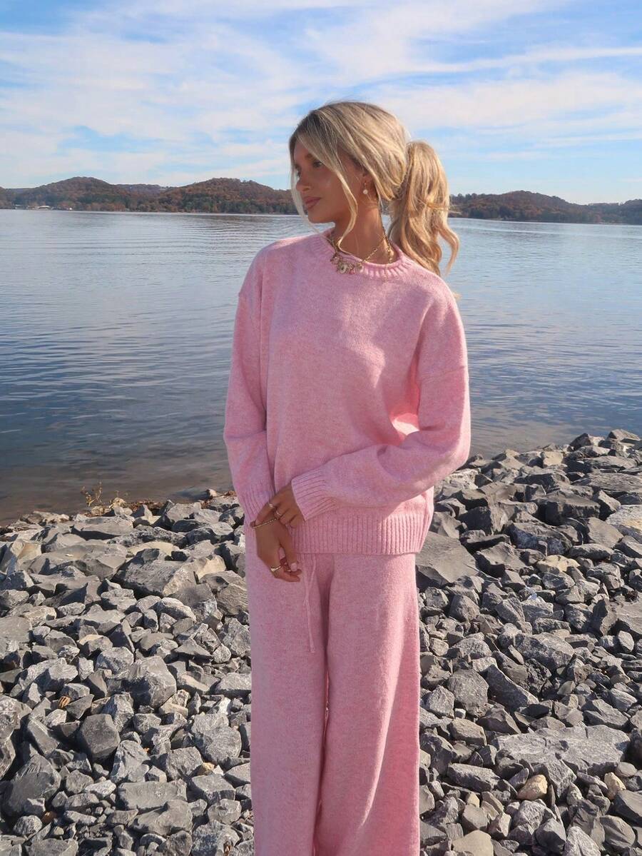 Sydney Algeri 2pcs Women Casual Loose Fit Drop Shoulder Long Sleeve Sweater And Knit Pants Set, Autumn