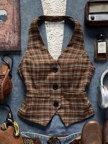 Easelle Áo vest nữ hở lưng họa tiết kẻ caro nhẹ nhàng, phù hợp mặc đi làm, đi chơi và thường ngày - màu nâu - Xem 7