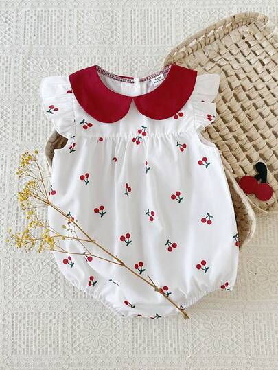 SHEIN Baby Girls' Cute Cherry Print Color Changing Peter Pan Collar Short Sleeve Bodysuit, Suitable For Spring/Summer Outings, Vacations, And Everyday Wear