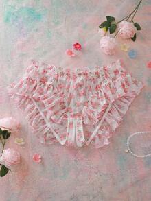FloralLove Plus Size Women Lace Floral Ruffle Trim Sexy Lingerie - Pink - View 3