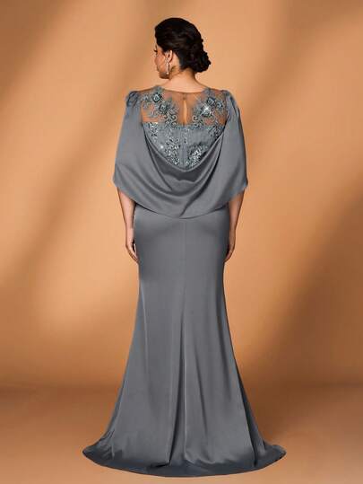 Serin Plus Size Elegant Luxurious Gray-Green Embroidered Lace & Sequin Patchwork Elastic Satin Ruffle Sleeve Mermaid Dress, Suitable For Wedding, Party, Vacation, Prom, Evening Gown, Mother Of The Bride Mother Of The Bride Dress Plus Size Mother Of The Bridal Dress Evening Gray Plus Size Dress Curve Formal Evening Gown Mother Of Bride Dress For Wedding Mother Of Groom Dress Grey Formal Dress