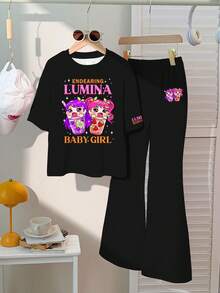 少女休闲时尚街头风可爱卡通动漫女团图案，萌系动漫K-POP短袖T恤和裤子两件套，适合夏季穿着 - 彩色 - 查看 3