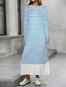 EMERY ROSE Đầm dài tay kẻ sọc dáng rộng thoải mái cho nữ - Màu xanh lam - Xem 6