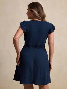 Elegantrix 大码女式短袖蕾丝腰A字优雅连衣裙，法式休闲装，春夏款 - 藏蓝色 - 查看 2