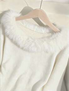 Franclia Áo len dệt kim tay raglan cổ lông chắp vá thời trang tối giản dành cho nữ, mùa thu/đông - trắng - Xem 3