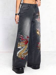 ROMWE Quần jean ống đứng dáng dài Y2K cỡ lớn, thêu họa tiết Trung Hoa mới của J-FASHION - màu đen - Xem 5