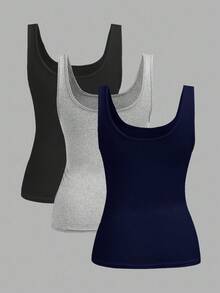 SHEIN Slayr Set de 3 piezas de camisetas sin mangas con cuello de pico, ajuste ceñido y drapeado, de estilo casual y suelto, versátil para uso diario - Multicolor - Ver 2