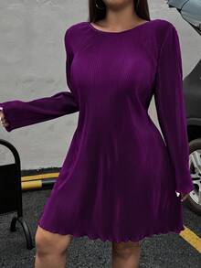 SHEIN EZwear 大码女式船领罗纹收腰休闲派对度假长袖连衣裙 - 紫色 - 查看 3