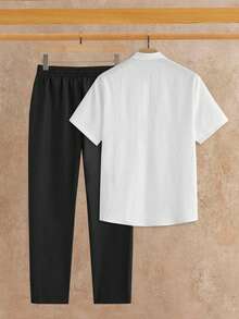 HIMLAND Bộ áo sơ mi tay ngắn cài nút thường ngày và quần dài cho nam - trắng - Xem 2