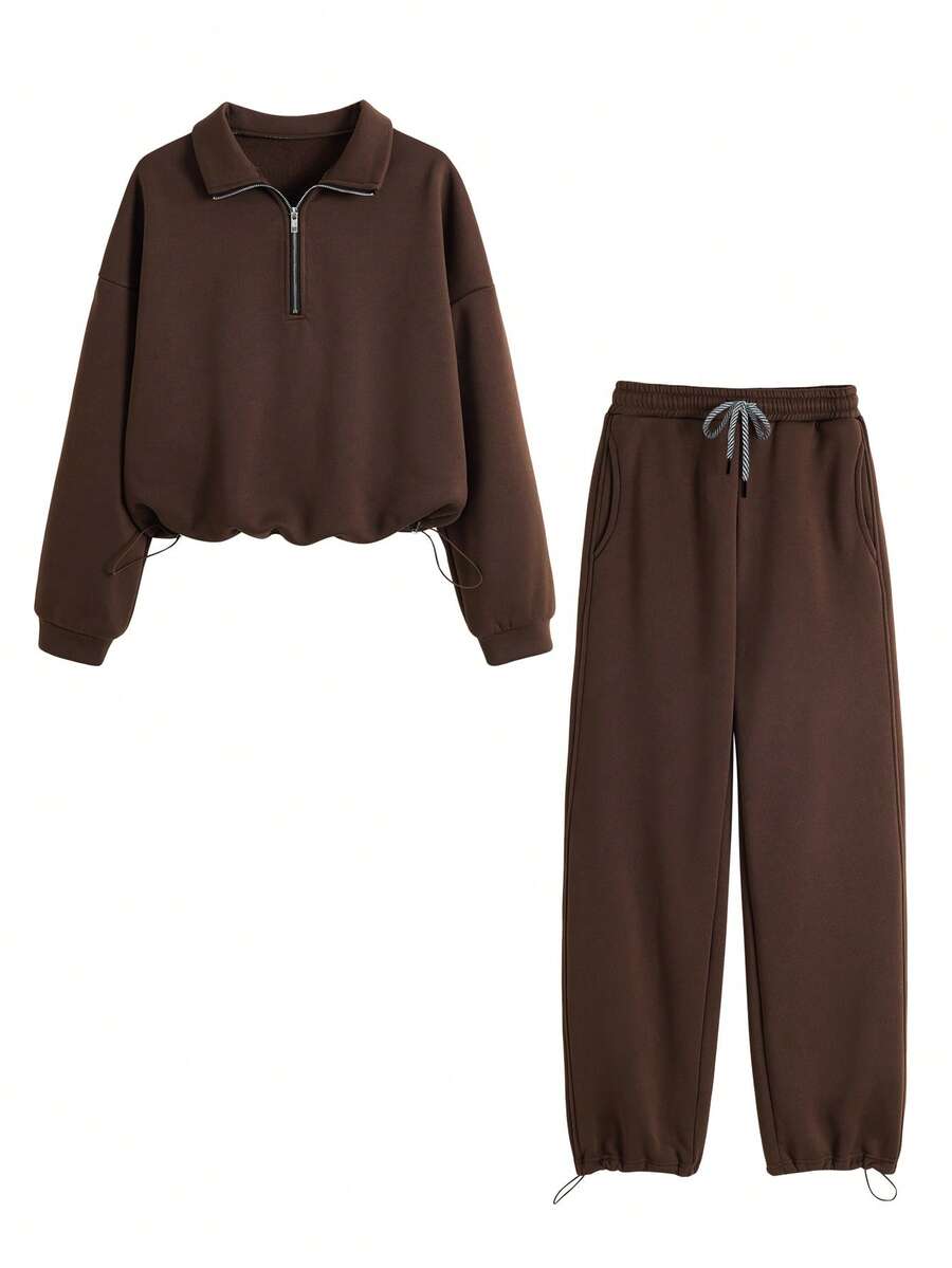 INAWLY 女士休闲宽松半拉链领卫衣和抽绳直筒裤两件套 - 棕色 - 查看 1