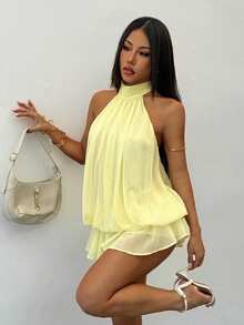 SHEIN PETITE Váy ngắn buộc dây màu vàng nhạt thanh lịch dành cho nữ, phù hợp cho tiệc tùng, hẹn hò, thu/đông, xuân/hè - Màu vàng - Xem 8