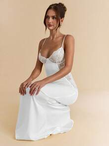 SHEIN BAE 优雅红色蕾丝拼接缎面连衣裙，性感透视蕾丝长裙，适合婚礼、伴娘、正式场合 - 白色 - 查看 1