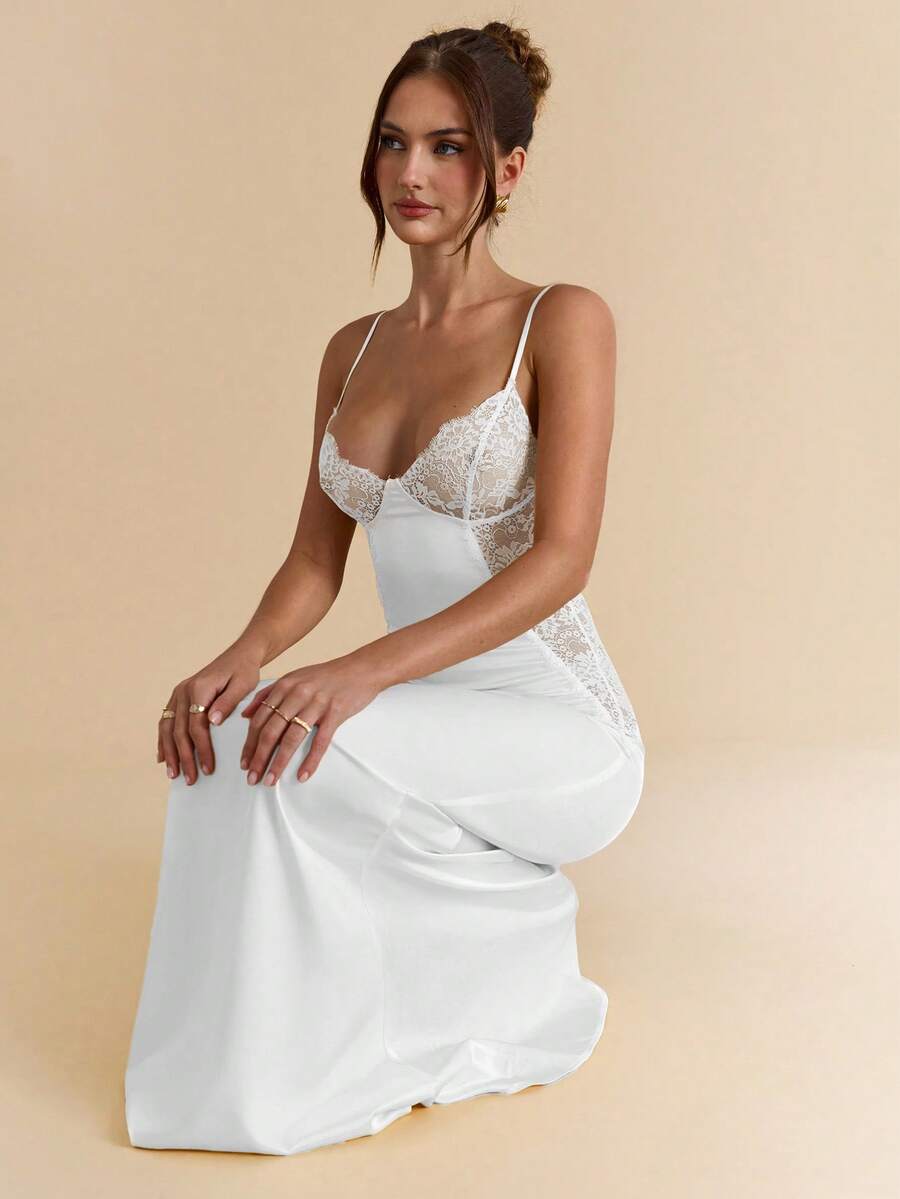 SHEIN BAE 优雅红色蕾丝拼接缎面连衣裙，性感透视蕾丝长裙，适合婚礼、伴娘、正式场合 - 白色 - 查看 1