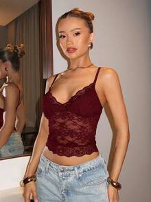SHEIN BAE Women's V-Neck Lace Patchwork Sexy Sheer Party Camisole - Burgundy - View 5