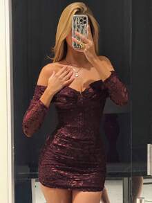 Vowa Elegant, Romantic, Fashionable, Sexy Burgundy Red, Laser Cut Fabric, Off-Shoulder Long Sleeve Dress For Music Festival, Bar, Birthday Party, Wedding, Afternoon Tea Gathering, Cocktail Party - Burgundy - View 10