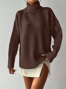 EURMUSE Women's Solid Color High Neck Drop Shoulder Long Sleeve Casual Sweater - Brown - View 5