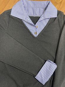 EMERY ROSE Women's Striped Patchwork Shirt Collar Long Sleeve Casual Blouse - Grey - View 5