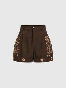 ROMWE Fairycore Quần short nữ cỡ lớn bằng vải nhung kẻ thêu hình bướm, đa năng cho mùa thu/đông. - màu nâu - Xem 1