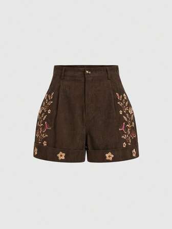 Fairycore Plus Size Women Corduroy Fabric Embroidered Butterfly Shorts, Versatile For Autumn/Winter