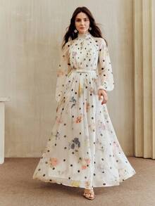 Anewsta Đầm maxi chấm bi hoa văn chấm bi, cổ chữ V, xếp ly, thắt eo, phong cách Pháp lãng mạn, thanh lịch, thích hợp cho kỳ nghỉ lễ, tiệc tùng hoặc các dịp đặc biệt. - Màu be - Xem 4
