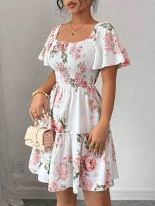 Elenzga petite Robe d'été élégante et romantique pour petite femme, polyvalente pour le quotidien et la plage, design à imprimé floral simplifié, robe mini évasée à manches bouffantes, plusieurs couleurs - Multicolore - Voir 6