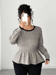 Elenzga 女士休闲圆领荷叶边长袖宽松毛衣，修身大码春季套头衫 - 灰色 - 查看 3