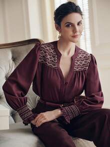 Anewsta Women's Elegant Pure Tencel Embroidered Floral Loose Blouse, Fashion & Modern, Spring/Summer - Red Violet - View 4