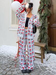 SHEIN EZwear 女士字母爱心印花抽绳腰休闲阔腿裤 - 彩色 - 查看 3